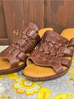 Born Tan and Brown Leather Slide Sandals